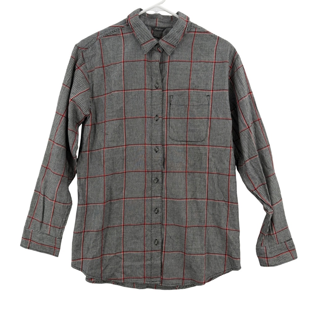 Eddie Bauer Shirt Womens Small Gray Red Plaid Firelight Flannel Tencel Lyocell